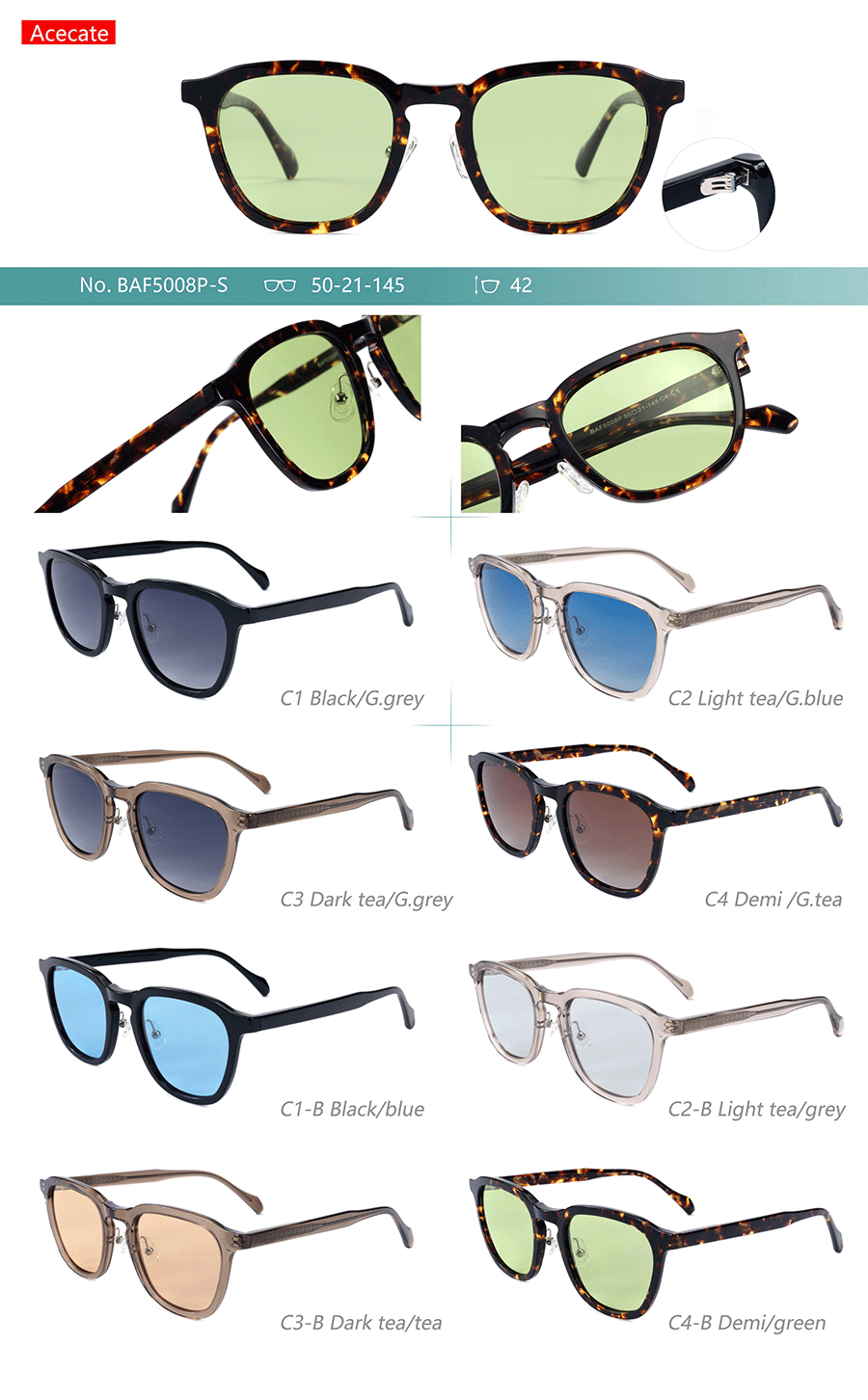 Wholesale Acetate Sunglasses-BAF5008PS Óculos de sol de acetato por atacado-BAF5008PS