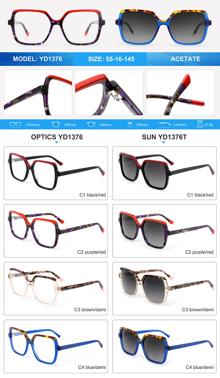 &Oacute;culos de sol de acetato por atacado-YD1376T