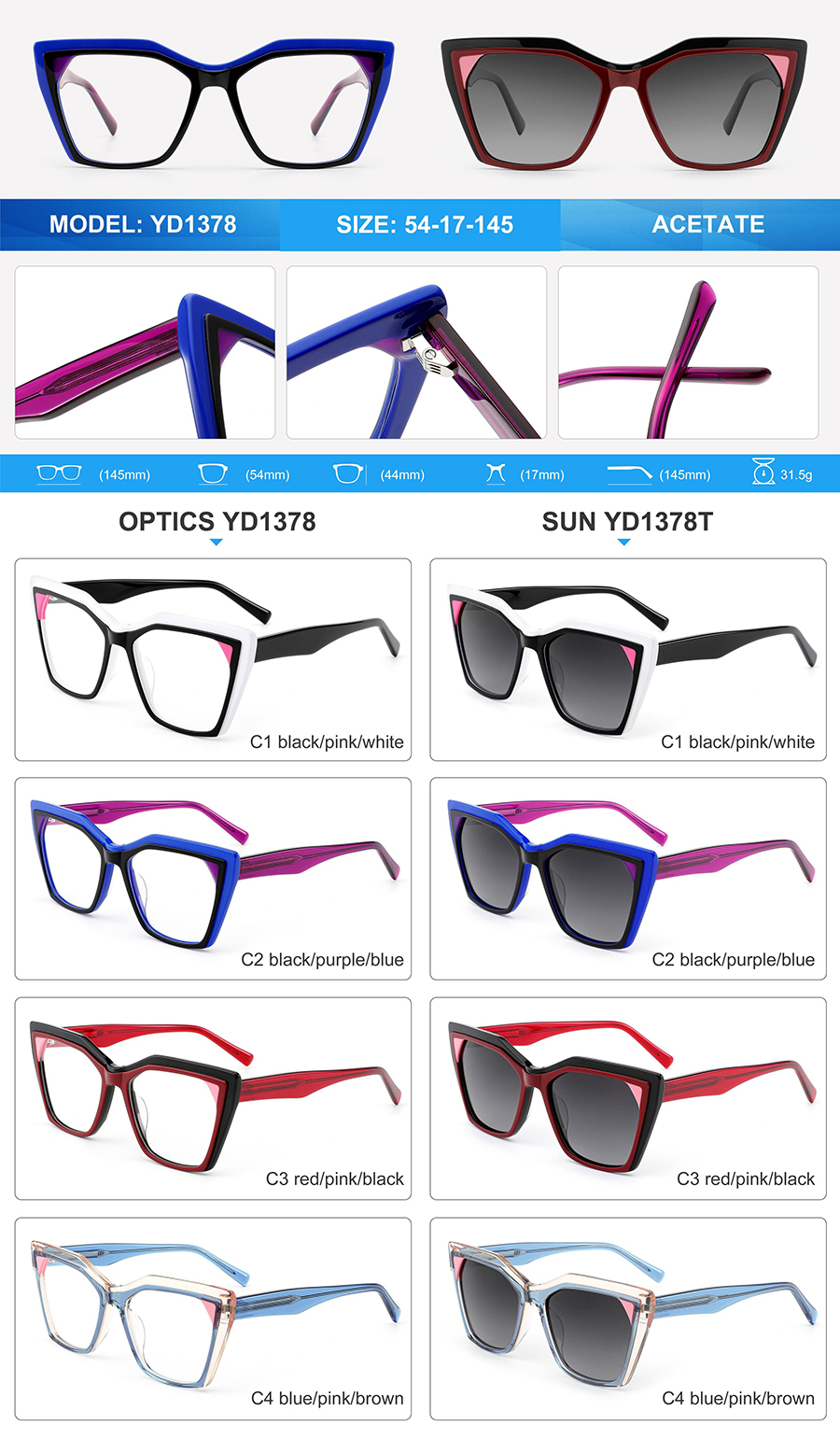 &Oacute;culos de sol de acetato por atacado-YD1378T