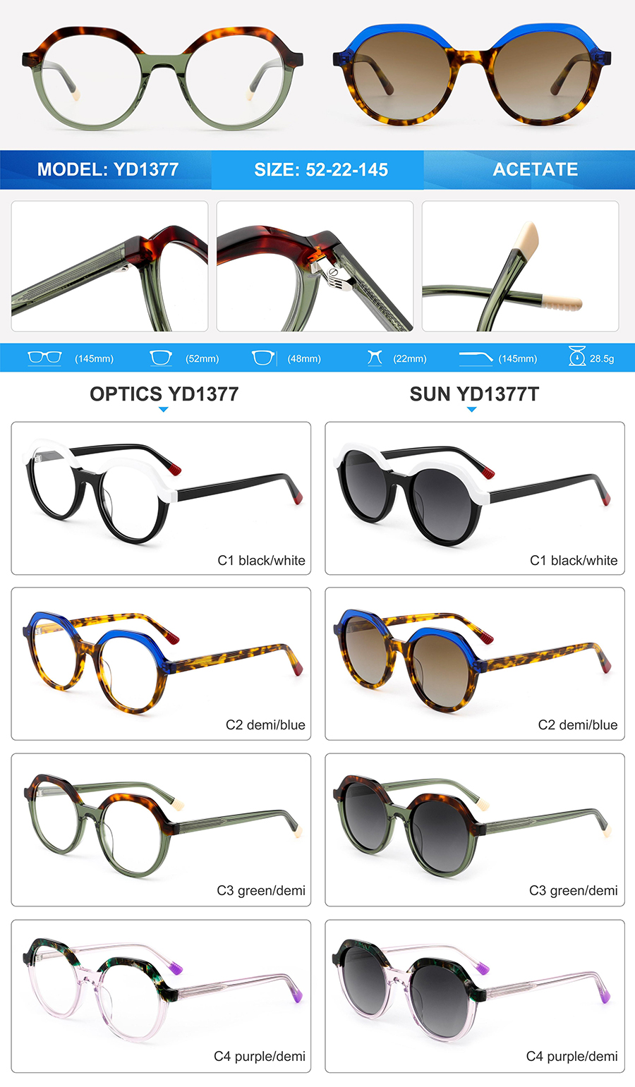 &Oacute;culos de sol de acetato por atacado-YD1377T