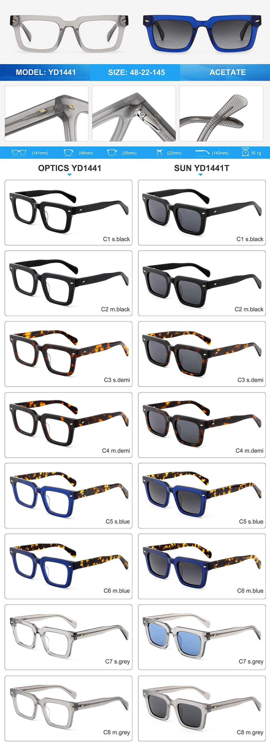 &Oacute;culos de sol de acetato por atacado-YD1441T