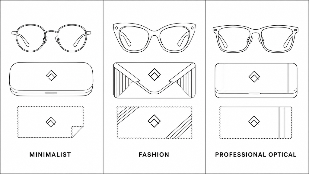 Estilos de embalagens de marcas &oacute;pticas minimalistas, da moda e profissionais, usando estojos de &oacute;culos e panos de microfibra coordenados.jpg