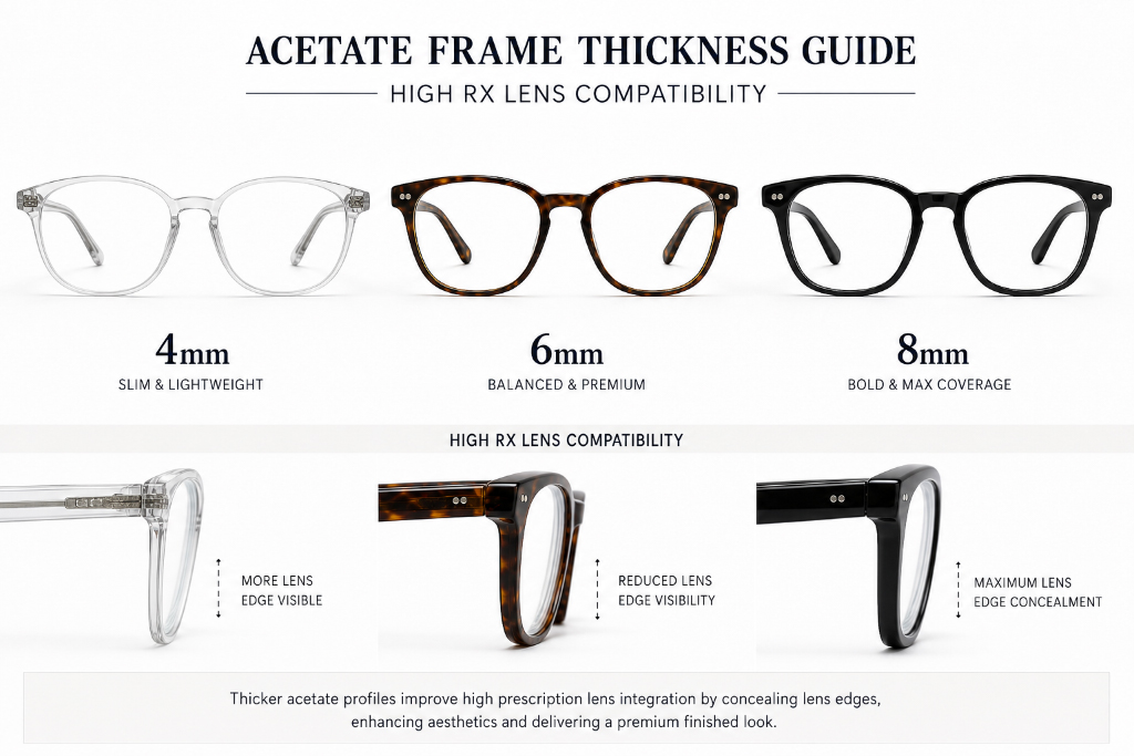 A melhor espessura de armação de acetato para lentes de alta prescrição: um guia do comprador no atacado (4 mm vs 6 mm vs 8 mm)